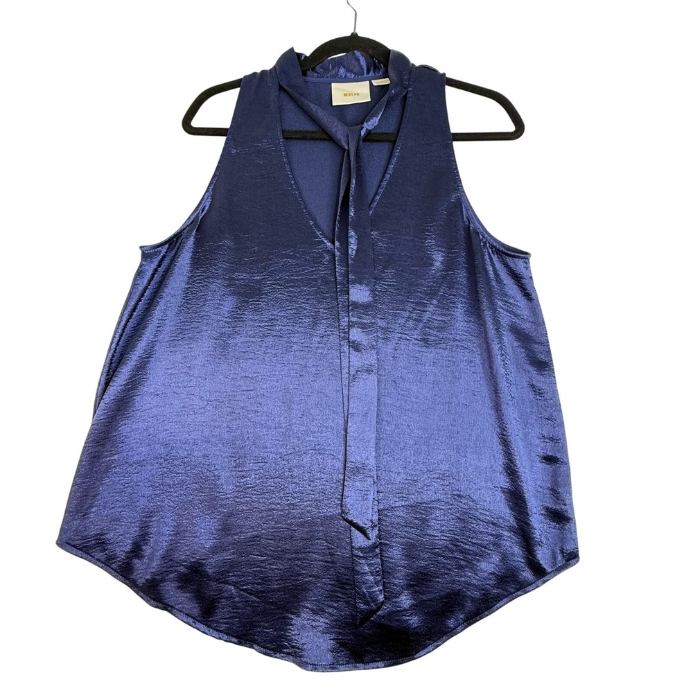 Maeve Anthropologie Women's Navy Satin Size 14 Sleeveless Tie Neck Blouse Top